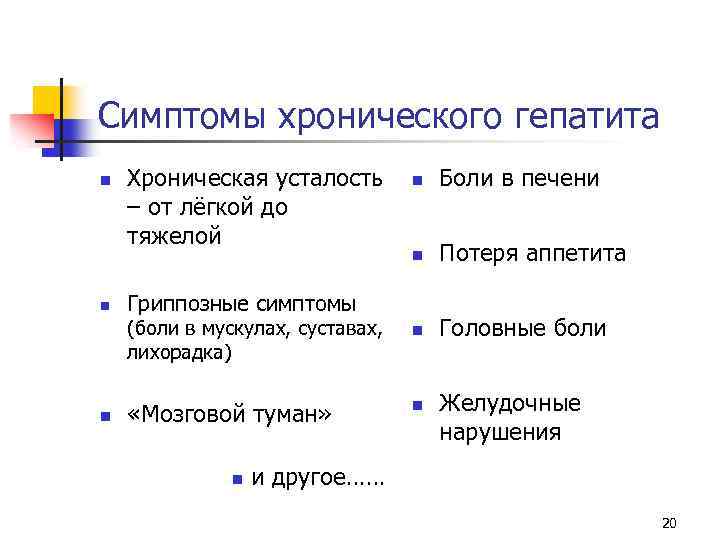 Симптомы хронического гепатита n n Хроническая усталость – от лёгкой до тяжелой Боли в