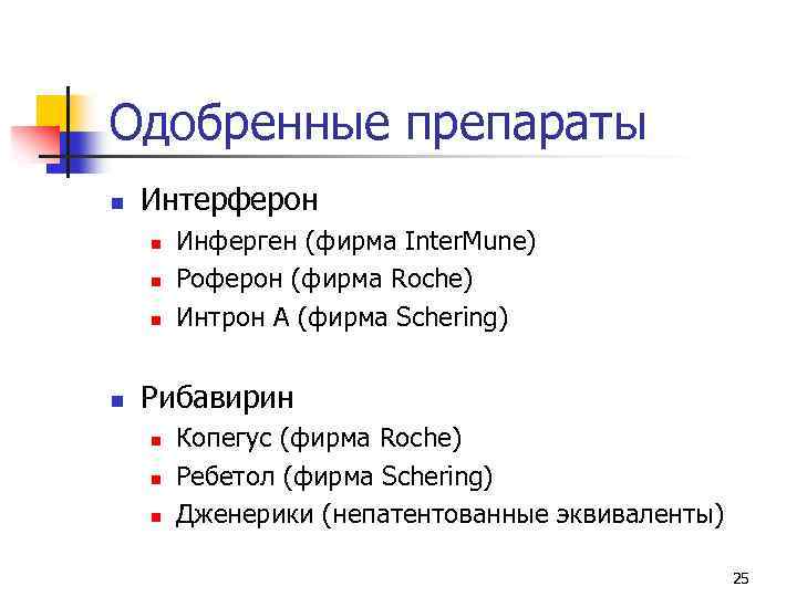 Одобренные препараты n Интерферон n n Инферген (фирма Inter. Mune) Роферон (фирма Roche) Интрон