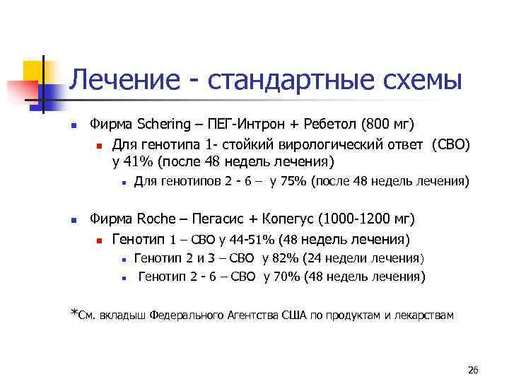Лечение - стандартные схемы n Фирма Schering – ПЕГ-Интрон + Ребетол (800 мг) n