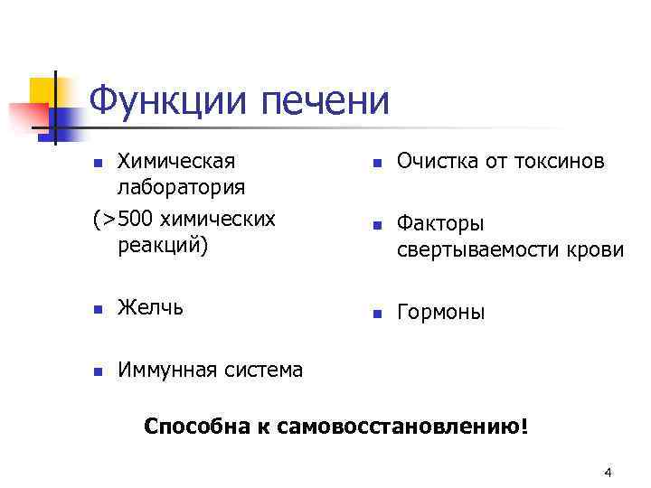 Функции печени Химическая лаборатория (>500 химических реакций) n n Желчь n n n Очистка