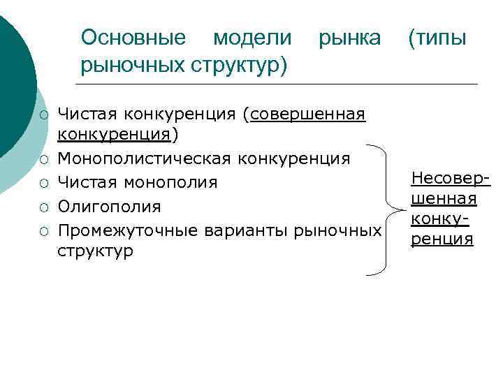 Основные модели рынка (типы рыночных структур) ¡ ¡ ¡ Чистая конкуренция (совершенная конкуренция) Монополистическая