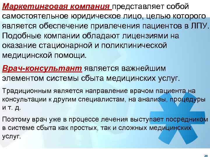 Маркетинговая компания представляет собой самостоятельное юридическое лицо, целью которого является обеспечение привлечения пациентов в