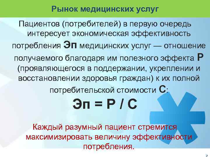 Рынок медицинских услуг Пациентов (потребителей) в первую очередь интересует экономическая эффективность потребления Эп медицинских