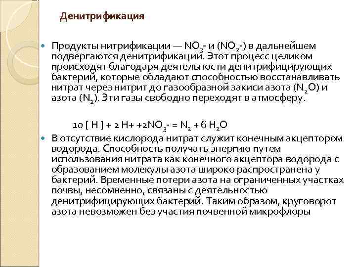 Денитрификация Продукты нитрификации — NO 3 и (NO 2 ) в дальнейшем подвергаются денитрификации.