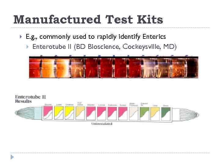 Manufactured Test Kits E. g. , commonly used to rapidly identify Enterics Enterotube II