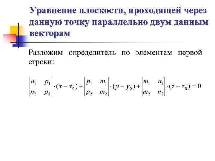 Уравнение плоскости, проходящей через данную точку параллельно двум данным векторам 