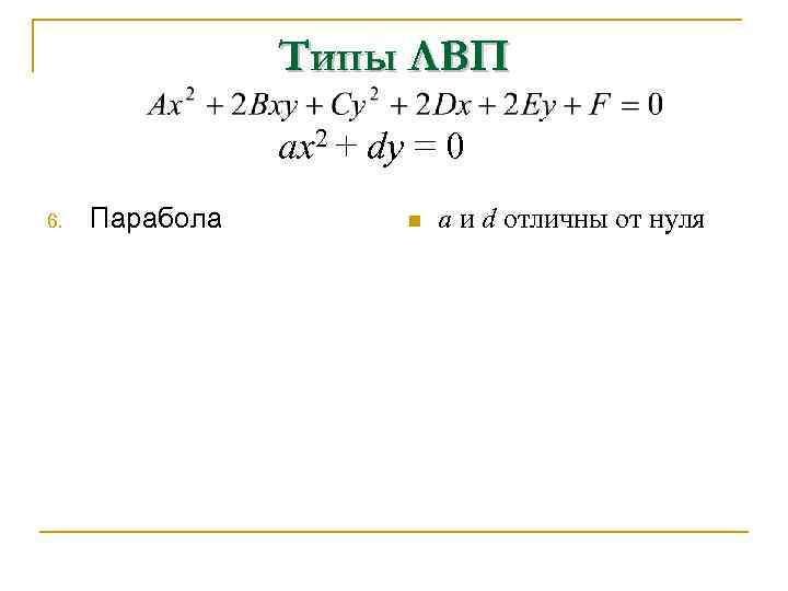 Типы ЛВП аx 2 + dy = 0 6. Парабола n а и d