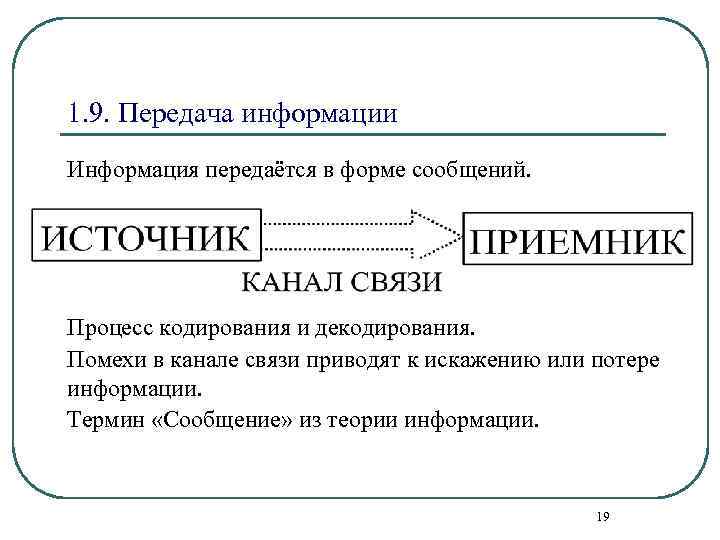 1. 9. Передача информации Информация передаётся в форме сообщений. Процесс кодирования и декодирования. Помехи