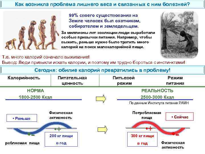 Как возникла проблема лишнего веса и связанных с ним болезней? 99% своего существования на
