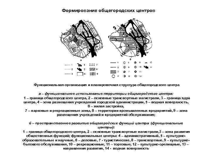 Формирование общегородских центров Функциональная организация и планировочная структура общегородского центра а – функциональное использование