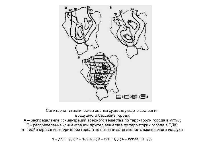 Санитарно-гигиеническая оценка существующего состояния воздушного бассейна города: А – распределение концентрации вредного вещества по