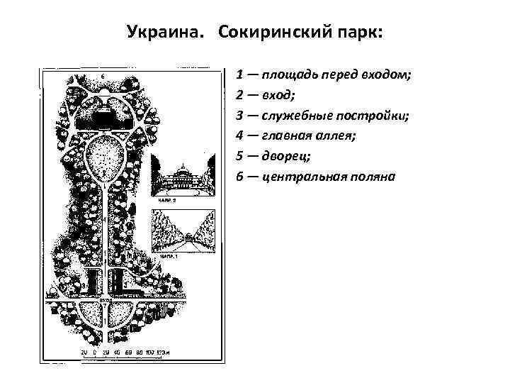 Украина. Сокиринский парк: 1 — площадь перед входом; 2 — вход; 3 — служебные