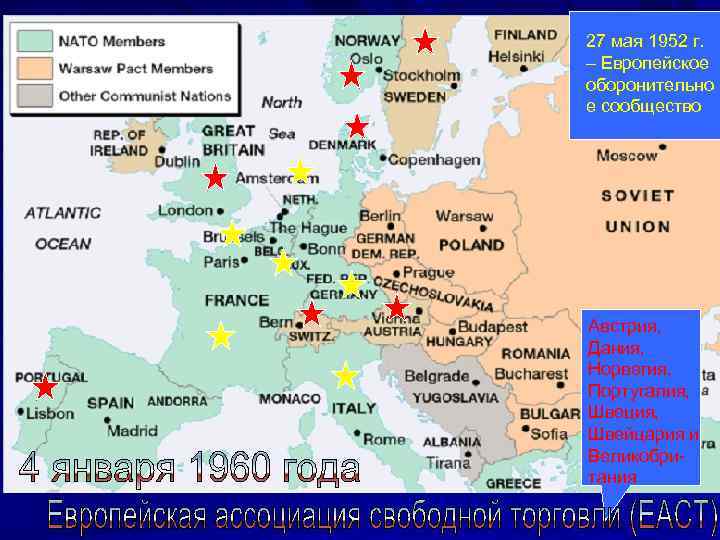27 мая 1952 г. – Европейское оборонительно е сообщество Австрия, Дания, Норвегия, Португалия, Швеция,
