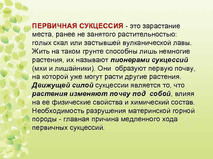 ПЕРВИЧНАЯ СУКЦЕССИЯ - это зарастание места, ранее не занятого растительностью: голых скал или застывшей