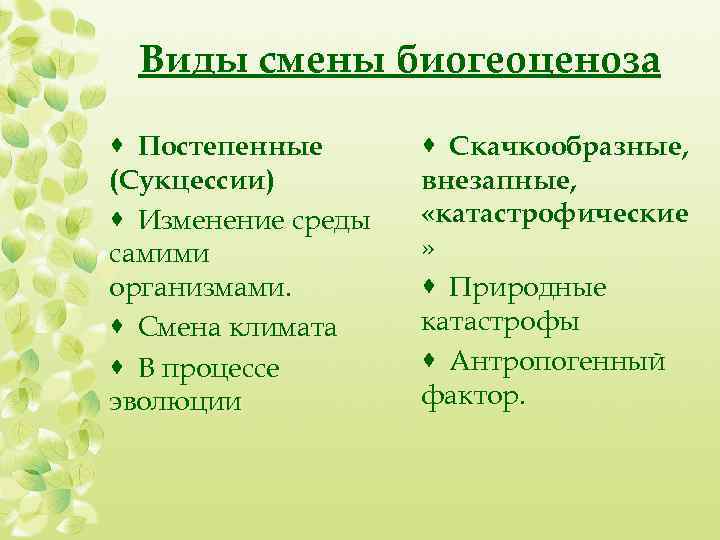 Виды смены биогеоценоза · Постепенные (Сукцессии) · Изменение среды самими организмами. · Смена климата