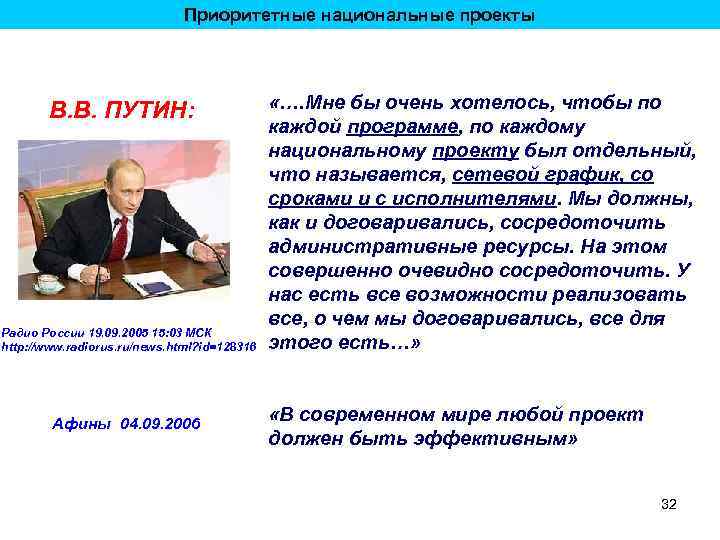 Приоритетные национальные проекты В. В. ПУТИН: Радио России 19. 09. 2005 15: 03 МСК