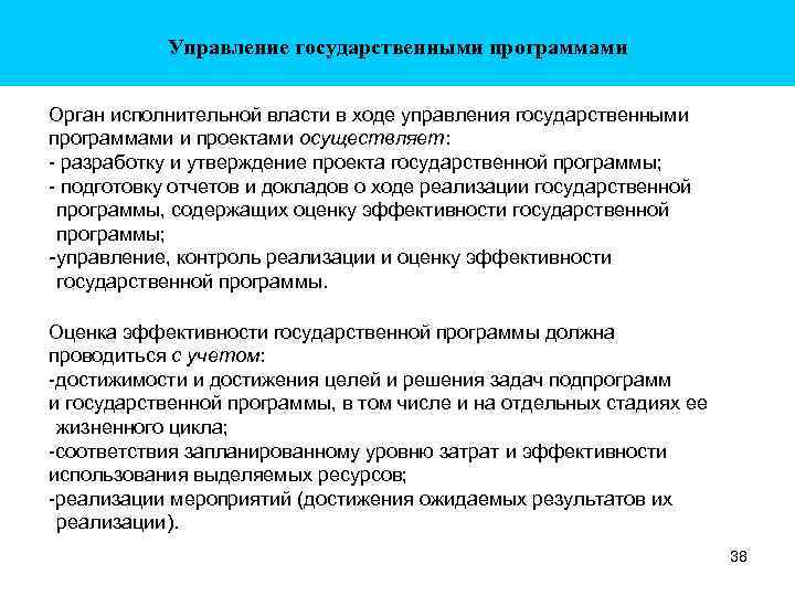 Управление государственными программами Орган исполнительной власти в ходе управления государственными программами и проектами осуществляет: