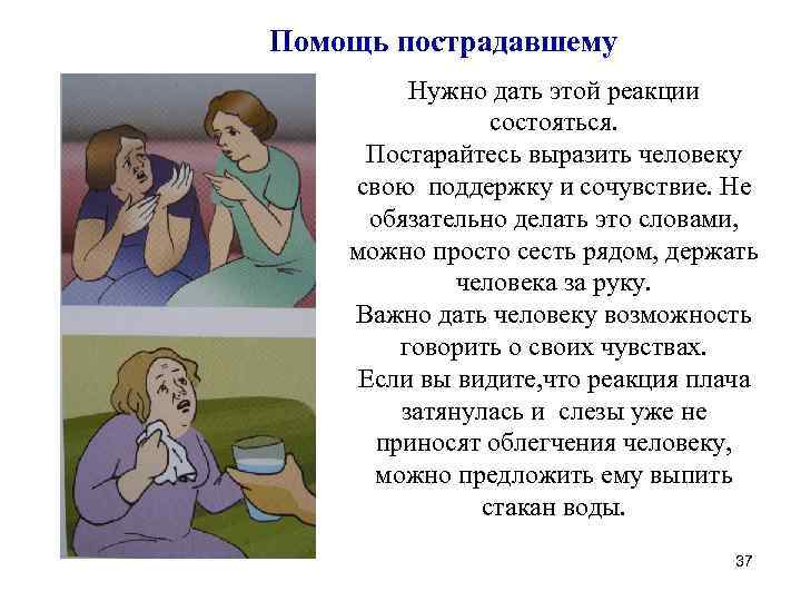 Помощь пострадавшему Нужно дать этой реакции состояться. Постарайтесь выразить человеку свою поддержку и сочувствие.