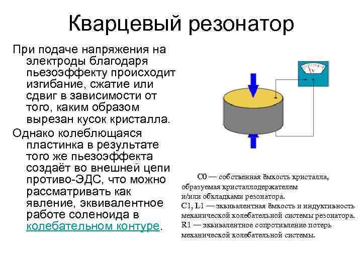 Кварцевый резонатор При подаче напряжения на электроды благодаря пьезоэффекту происходит изгибание, сжатие или сдвиг