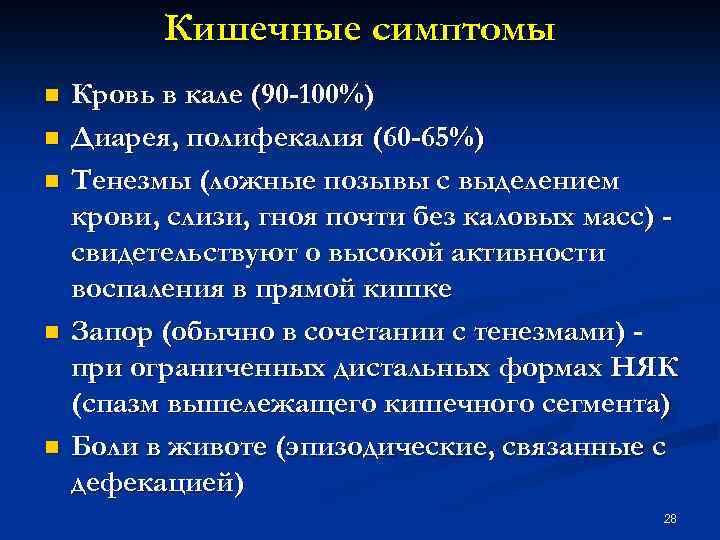 Кишечные симптомы n n n Кровь в кале (90 -100%) Диарея, полифекалия (60 -65%)