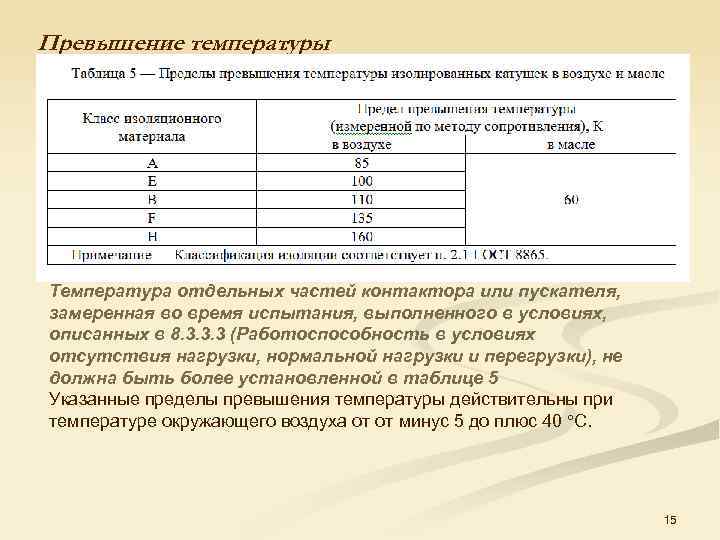 Превышение температуры : Температура отдельных частей контактора или пускателя, замеренная во время испытания, выполненного