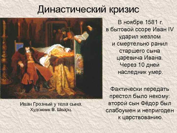 Династический кризис В ноябре 1581 г. в бытовой ссоре Иван IV ударил жезлом и
