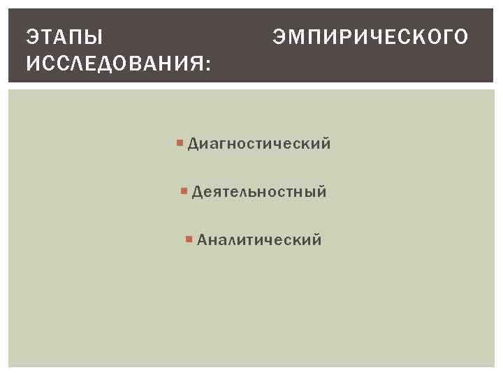 ЭТАПЫ ИССЛЕДОВАНИЯ: ЭМПИРИЧЕСКОГО Диагностический Деятельностный Аналитический 