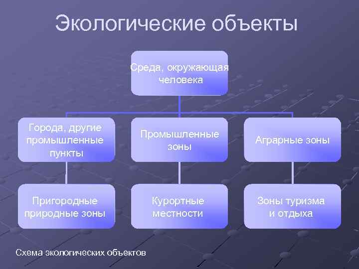 Экологические объекты Среда, окружающая человека Города, другие промышленные пункты Промышленные зоны Аграрные зоны Пригородные