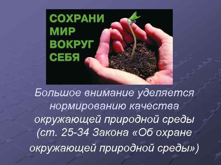Большое внимание уделяется нормированию качества окружающей природной среды (ст. 25 34 Закона «Об охране