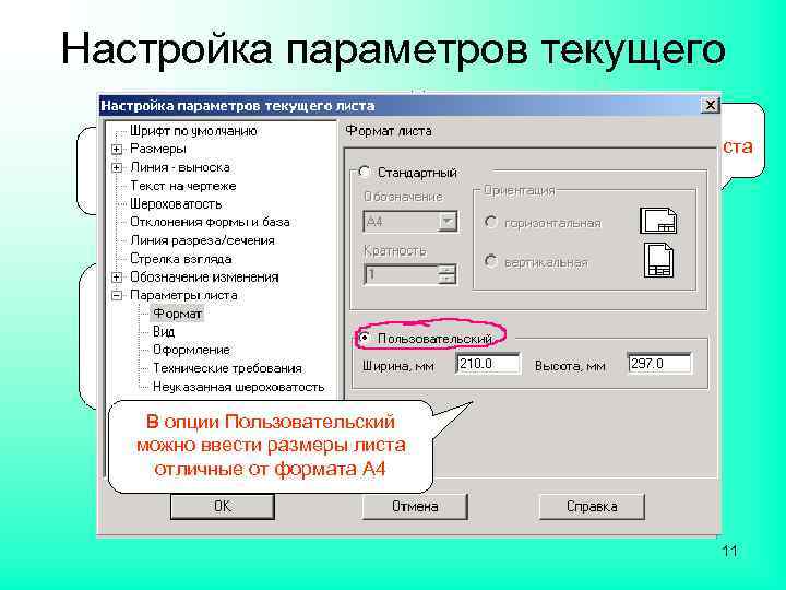 Настройка параметров текущего листа Выбрать формат по обозначению ориентацию листа Выбрать формат по кратности