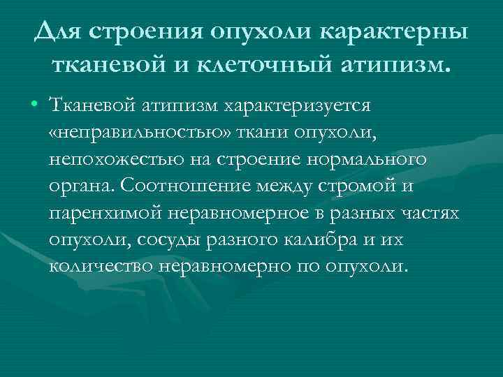 Для строения опухоли карактерны тканевой и клеточный атипизм. • Тканевой атипизм характеризуется «неправильностью» ткани