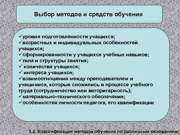 Выбор методов и средств обучения üуровня подготовленности учащихся; üвозрастных и индивидуальных особенностей учащихся; üсформированности