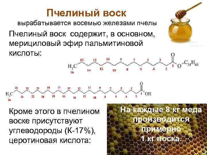 Пчелиный воск вырабатывается восемью железами пчелы Пчелиный воск содержит, в основном, мерициловый эфир пальмитиновой