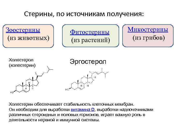 Стерины, по источникам получения: Зоостерины (из животных) Холестерол (холестерин) Фитостерины (из растений) Микостерины (из