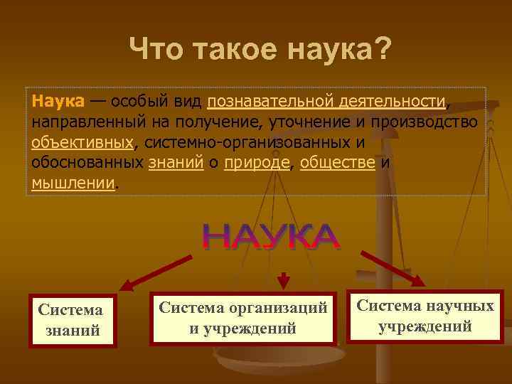 Что такое наука? Наука — особый вид познавательной деятельности, направленный на получение, уточнение и