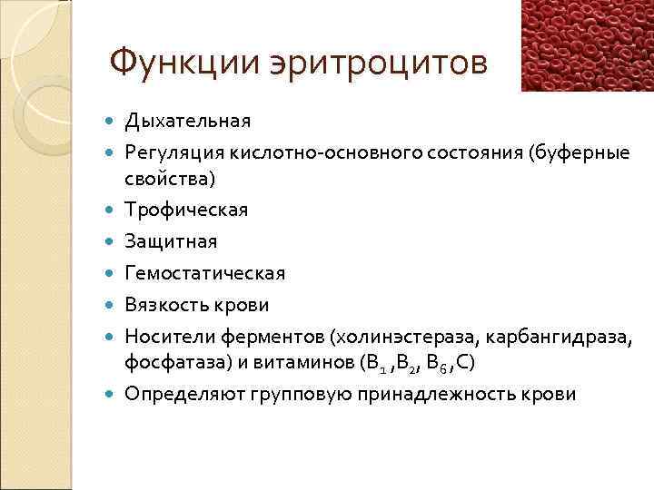 Функции эритроцитов Дыхательная Регуляция кислотно-основного состояния (буферные свойства) Трофическая Защитная Гемостатическая Вязкость крови Носители
