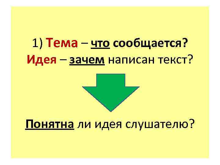 1) Тема – что сообщается? Идея – зачем написан текст? Понятна ли идея слушателю?