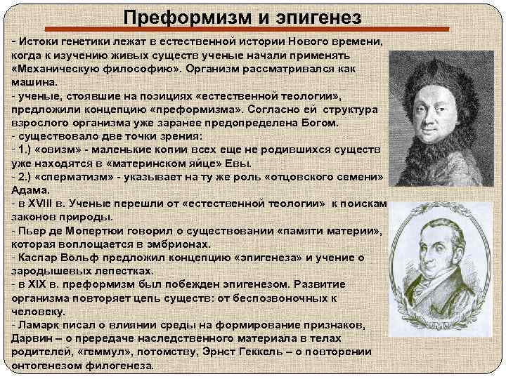 Преформизм и эпигенез - Истоки генетики лежат в естественной истории Нового времени, когда к