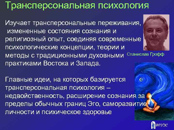 Трансперсональная психология Изучает трансперсональные переживания, измененные состояния сознания и религиозный опыт, соединяя современные психологические