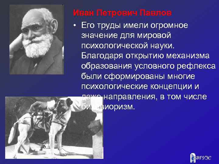 Иван Петрович Павлов • Его труды имели огромное значение для мировой психологической науки. Благодаря