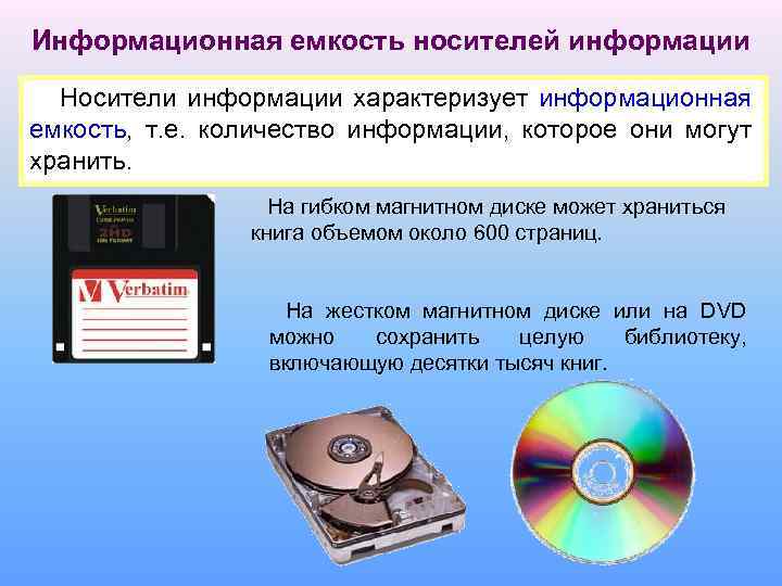 Информационная емкость носителей информации Носители информации характеризует информационная емкость, т. е. количество информации, которое