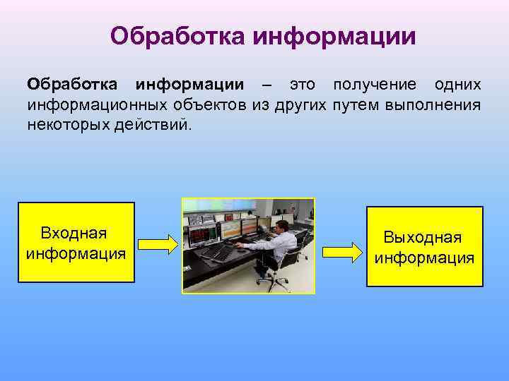 Обработка информации – это получение одних информационных объектов из других путем выполнения некоторых действий.