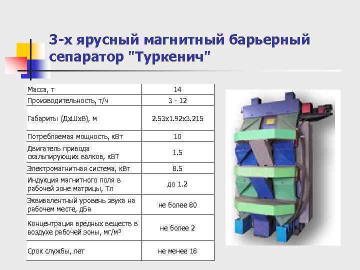 3 -х ярусный магнитный барьерный сепаратор "Туркенич" Масса, т Производительность, т/ч Габариты (Дx. Шx.