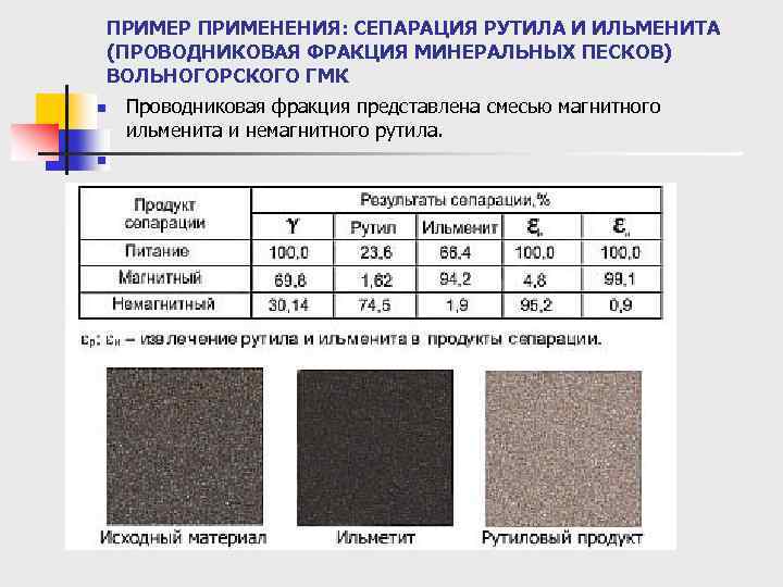 ПРИМЕР ПРИМЕНЕНИЯ: СЕПАРАЦИЯ РУТИЛА И ИЛЬМЕНИТА (ПРОВОДНИКОВАЯ ФРАКЦИЯ МИНЕРАЛЬНЫХ ПЕСКОВ) ВОЛЬНОГОРСКОГО ГМК n n