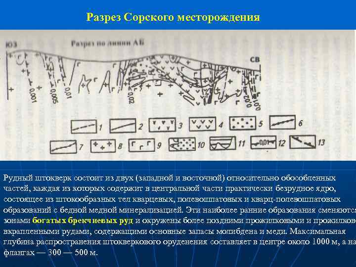 Разрез Сорского месторождения Рудный штокверк состоит из двух (западной и восточной) относительно обособленных частей,