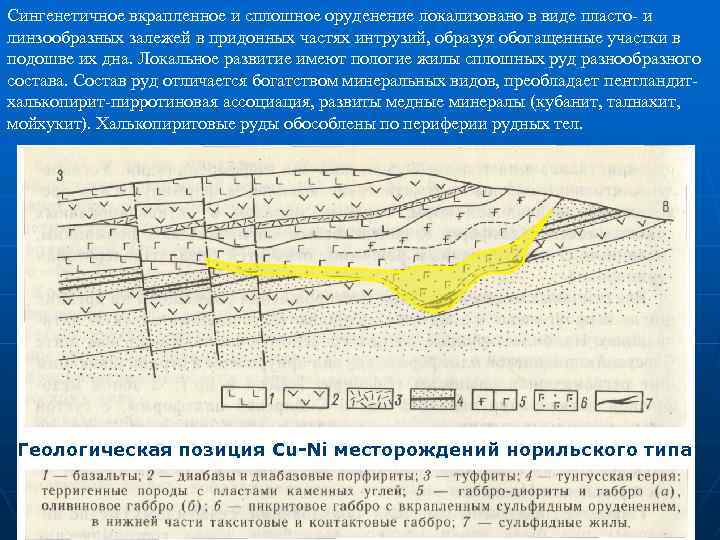 Сингенетичное вкрапленное и сплошное оруденение локализовано в виде пласто и линзообразных залежей в придонных