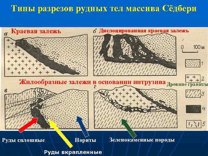 Типы разрезов рудных тел массива Сёдбери Дислоцированная краевая залежь Краевая залежь Жилообразные залежи в
