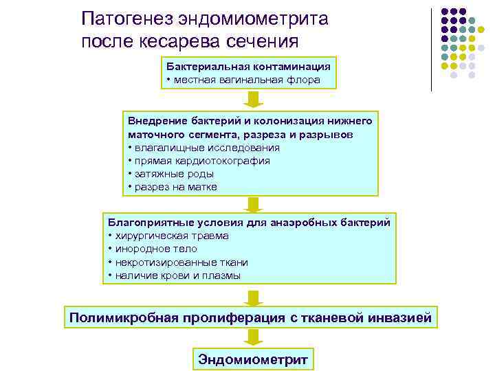 Патогенез эндомиометрита после кесарева сечения Бактериальная контаминация • местная вагинальная флора Внедрение бактерий и