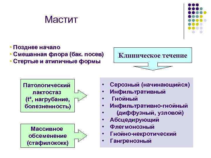 Мастит • Позднее начало • Смешанная флора (бак. посев) • Стертые и атипичные формы