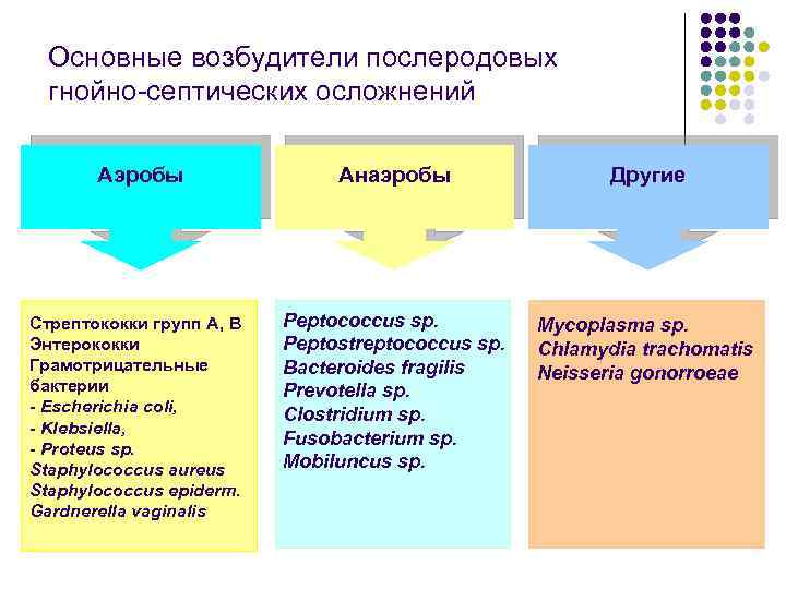 Основные возбудители послеродовых гнойно-септических осложнений Аэробы Анаэробы Другие Стрептококки групп А, В Энтерококки Грамотрицательные